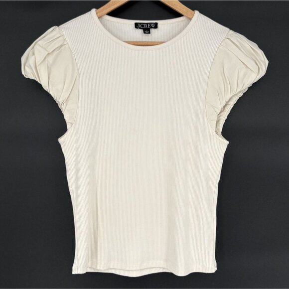 J.Crew Tops - J.Crew Womens Vintage Rib T-shirt Cotton Poplin Puff Sleeves L Cream Modal Blend